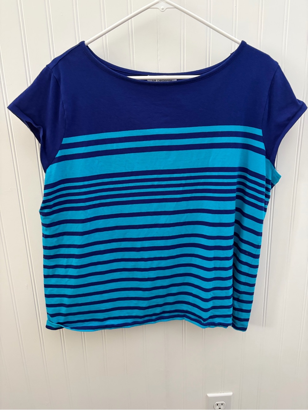 Liz Claiborne Blue and Teal Striped Short Sleeve Top